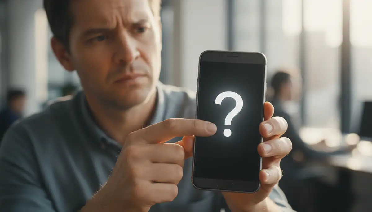 A person holding an Android phone, looking confused at a blank screen where the camera app icon should be, with a question mark overlay., high-quality photography, professional lighting, sharp focus, realistic, detailed