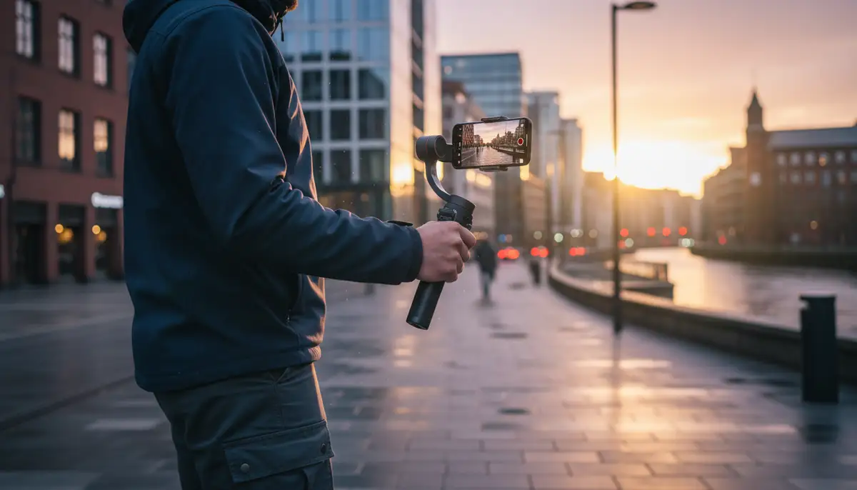 A person holding an Android phone mounted on a motorized gimbal, smoothly recording a dynamic video sequence in an urban environment at sunset., high-quality photography, professional lighting, sharp focus, realistic, detailed