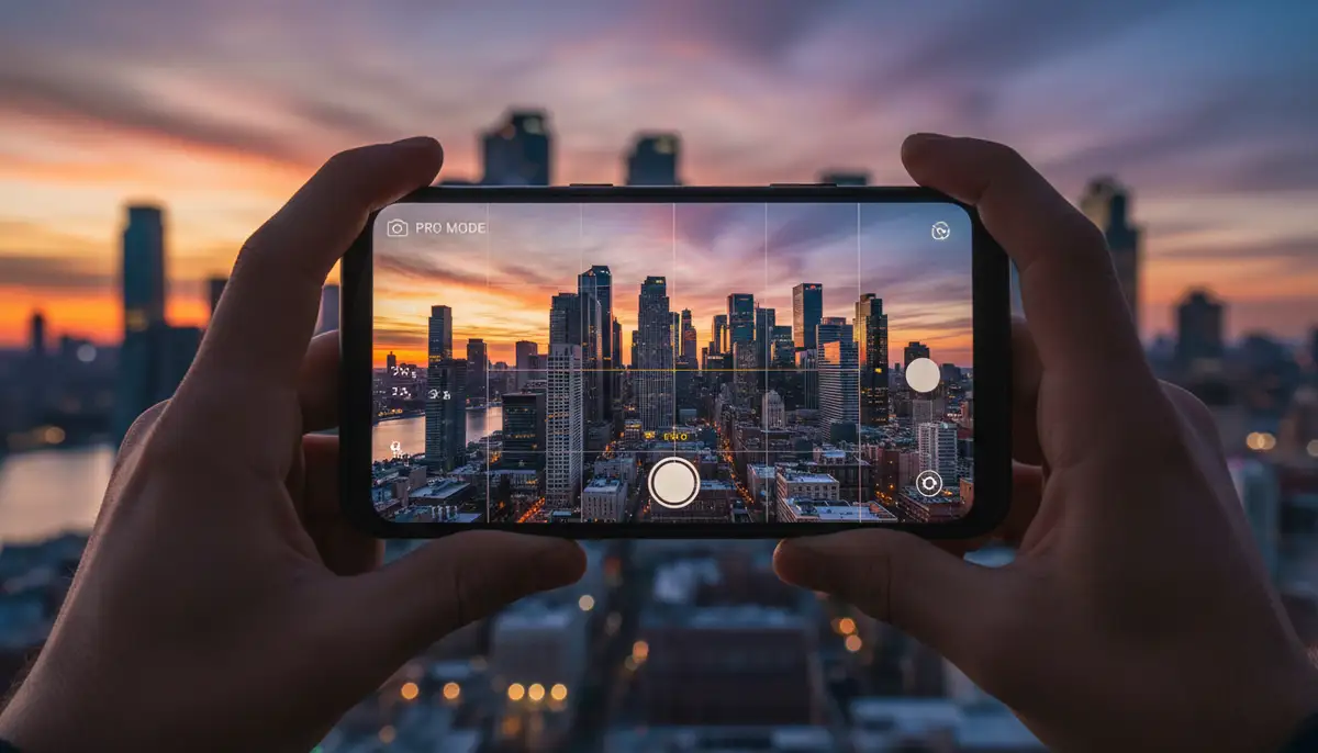 A person holding an Android phone, taking a high-quality photo of a vibrant cityscape at sunset, with camera app controls visible on the screen. The image should convey professional mobile photography., high-quality photography, professional lighting, sharp focus, realistic, detailed