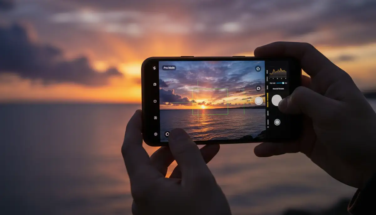 A person holding an Android phone, taking a picture of a vibrant sunset, with a graphical overlay showing advanced camera app features like focus peaking and a histogram., high-quality photography, professional lighting, sharp focus, realistic, detailed