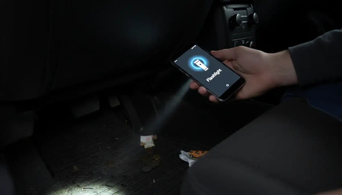 A person holding an Android phone, using the flashlight to find something under a car seat, with the phone's screen clearly showing the activated flashlight widget., high-quality photography, professional lighting, sharp focus, realistic, detailed