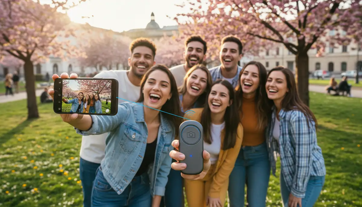 A person holding an Android phone, wirelessly connected to a small, sleek Bluetooth camera remote, taking a group selfie with friends in a vibrant park., high-quality photography, professional lighting, sharp focus, realistic, detailed