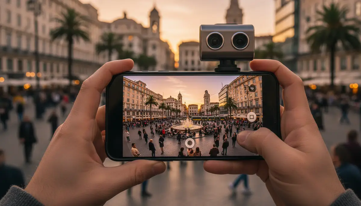 A person holding an Android phone with a small, sleek 360 camera attachment, capturing a vibrant panoramic scene of a bustling city square at golden hour., high-quality photography, professional lighting, sharp focus, realistic, detailed
