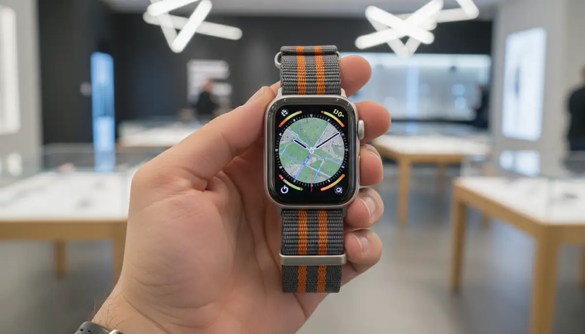 A person holding an Apple Watch with a high-quality, third-party band, showcasing style and durability, with a blurred background of a modern tech store., high-quality photography, professional lighting, sharp focus, realistic, detailed