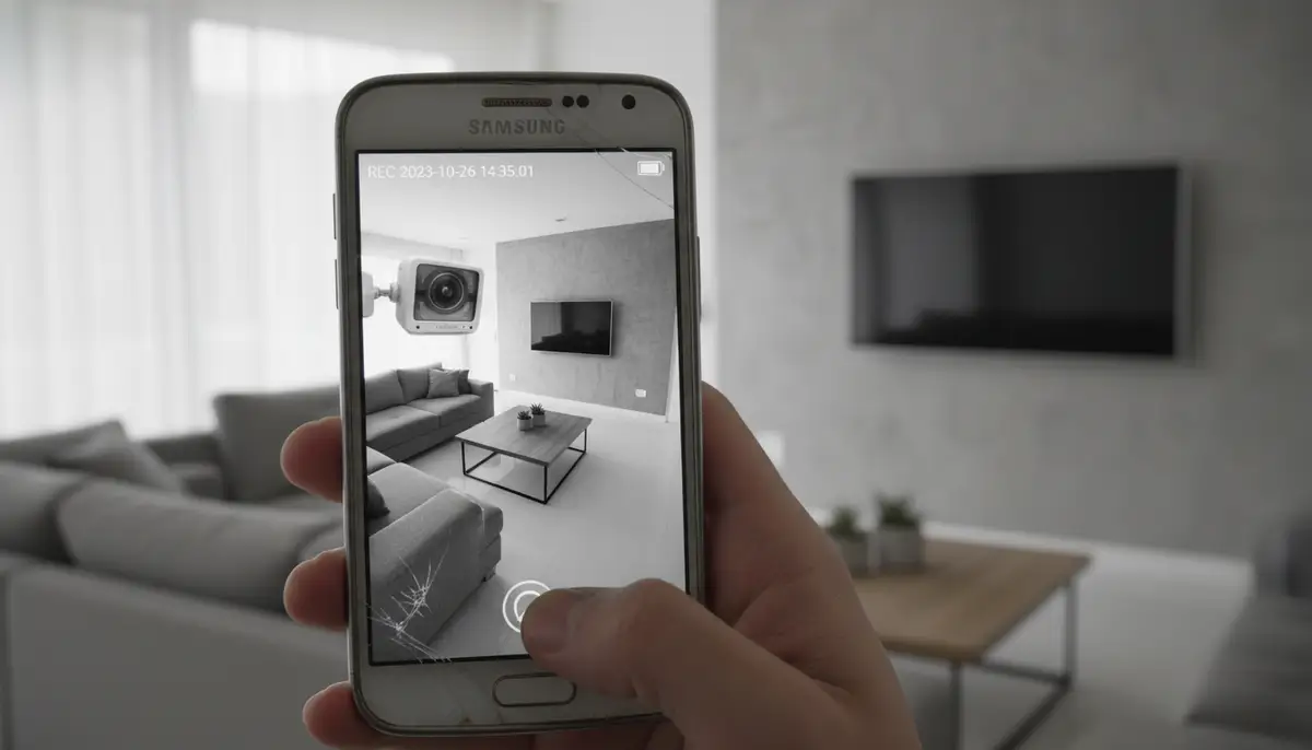 A person holding an old Android phone, which is displaying a live feed from another old Android phone acting as a security camera, with a modern home setting in the background., high-quality photography, professional lighting, sharp focus, realistic, detailed