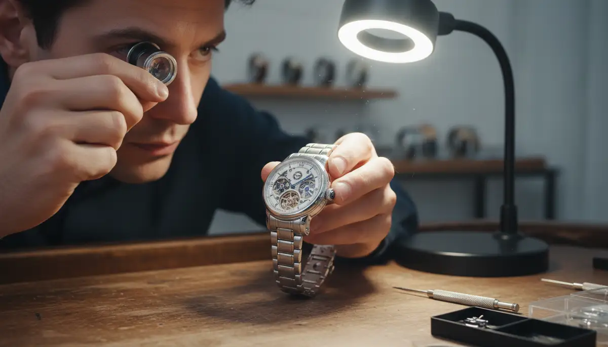 A person inspecting a watch copy with a jeweler's loupe, focusing on the small details and craftsmanship, in a well-lit setting., high-quality photography, professional lighting, sharp focus, realistic, detailed