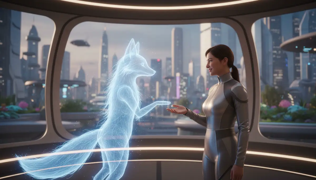 A person interacting with a holographic AI companion, showing warmth and connection in a futuristic setting., high-quality photography, professional lighting, sharp focus, realistic, detailed
