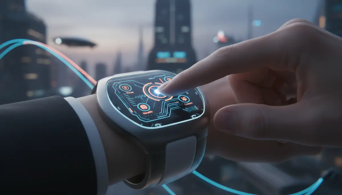 A person interacting with a touch-screen LED watch, swiping and tapping to adjust settings, with futuristic glowing elements., high-quality photography, professional lighting, sharp focus, realistic, detailed