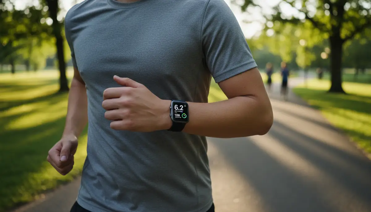 A person jogging outdoors, wearing an Apple Watch, with fitness metrics displayed on the screen, vibrant and active., high-quality photography, professional lighting, sharp focus, realistic, detailed