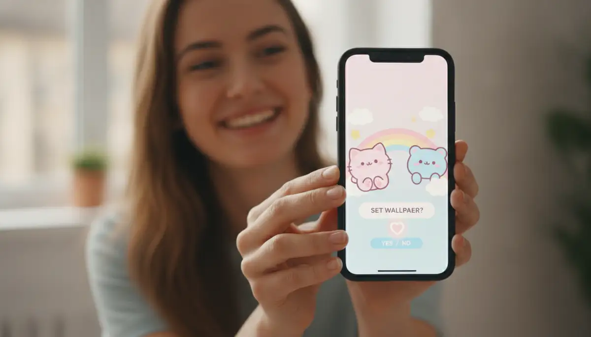 A person joyfully customizing their phone with a new cute and kawaii wallpaper, demonstrating the ease of setting it, with a focus on their happy expression and the bright screen., high-quality photography, professional lighting, sharp focus, realistic, detailed