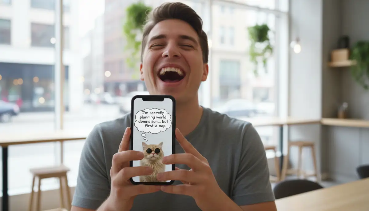 A person laughing while looking at a phone screen showing a photo with a funny thought bubble, bright and modern aesthetic., high-quality photography, professional lighting, sharp focus, realistic, detailed