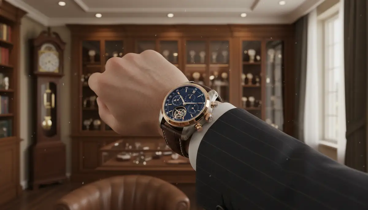 A person looking at a beautiful, high-end chronometer watch on their wrist, standing in a sophisticated setting, perhaps a watch enthusiast's collection., high-quality photography, professional lighting, sharp focus, realistic, detailed