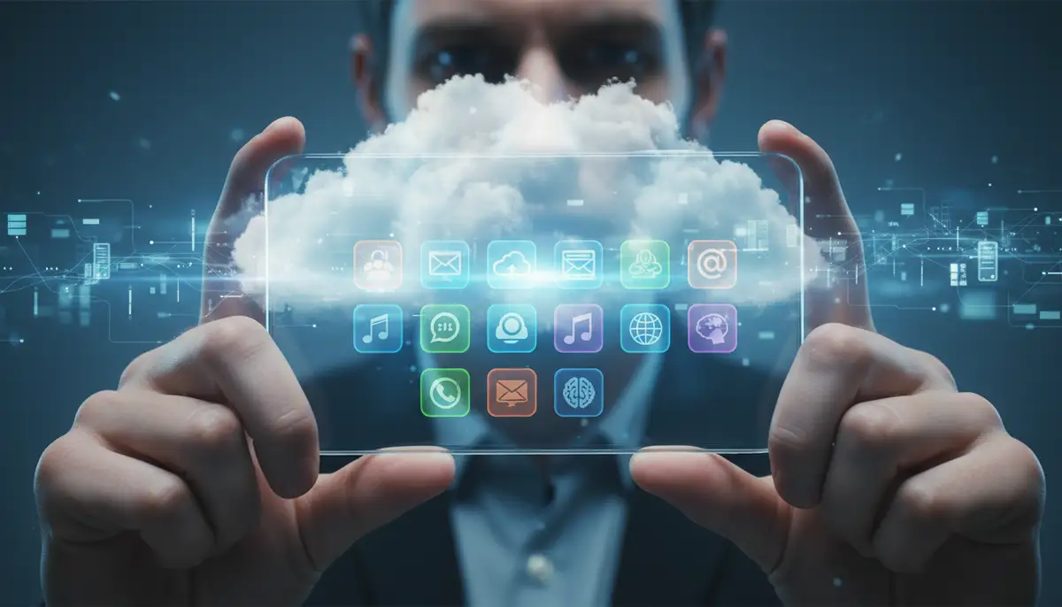 A person looking at various app icons on a futuristic Android phone screen, with a subtle cloud computing background., high-quality photography, professional lighting, sharp focus, realistic, detailed