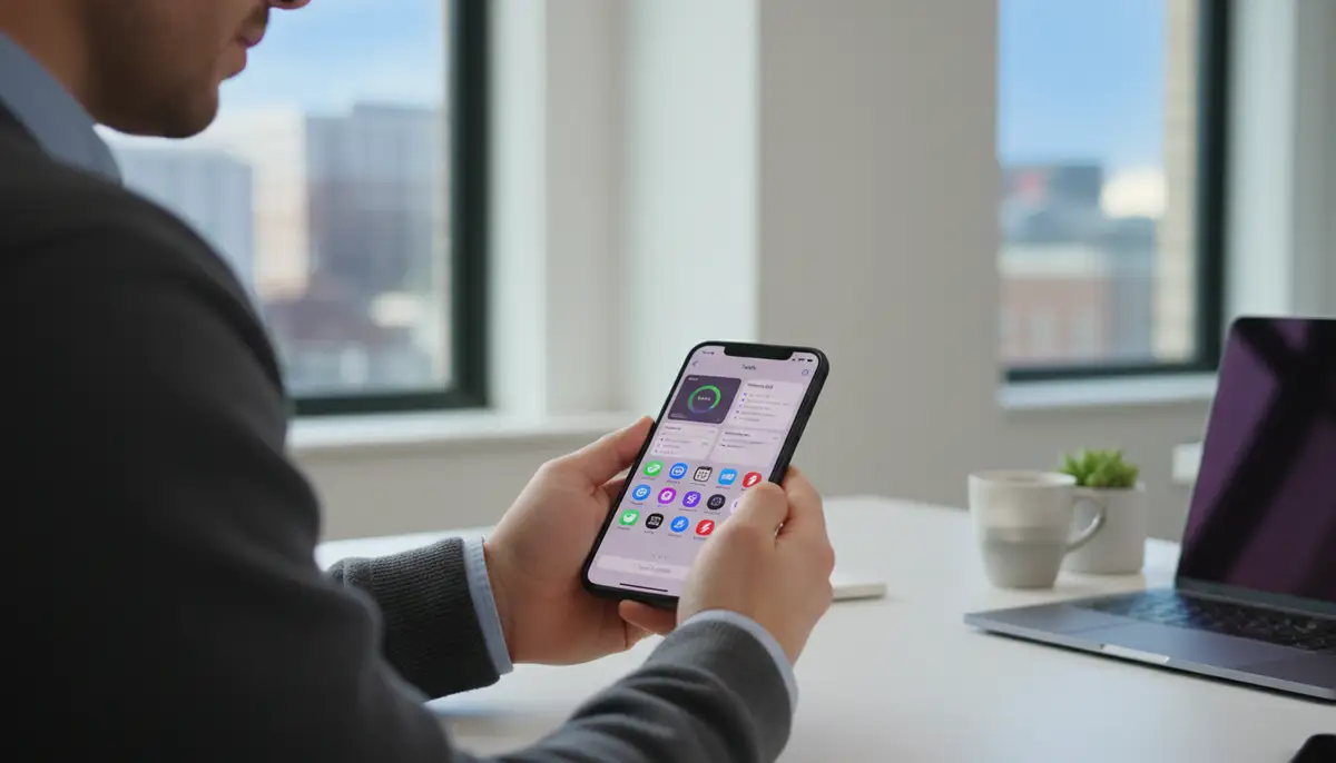 A person looking focused and productive while using their iPhone, which displays a home screen optimized with task management and quick-access widgets, in a modern office setting., high-quality photography, professional lighting, sharp focus, realistic, detailed