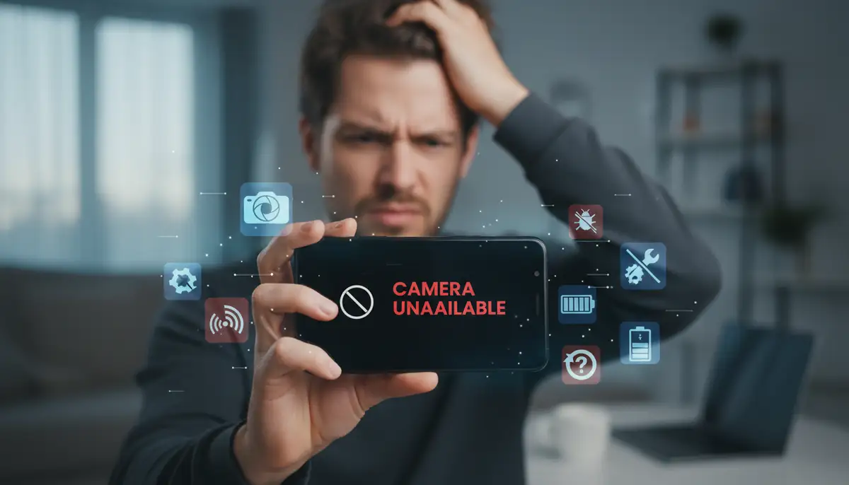 A person looking frustrated at their Android phone with a dark camera screen, surrounded by troubleshooting icons., high-quality photography, professional lighting, sharp focus, realistic, detailed