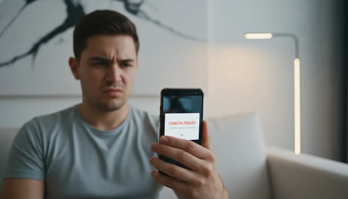 A person looking frustrated at their smartphone with a 'Camera Failed' error message on the screen, in a modern, clean setting., high-quality photography, professional lighting, sharp focus, realistic, detailed