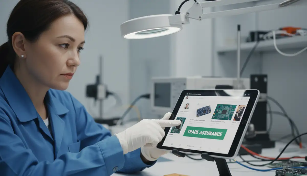 A person meticulously inspecting a product sample, with the Alibaba app open on a nearby device, symbolizing quality control in global sourcing., high-quality photography, professional lighting, sharp focus, realistic, detailed