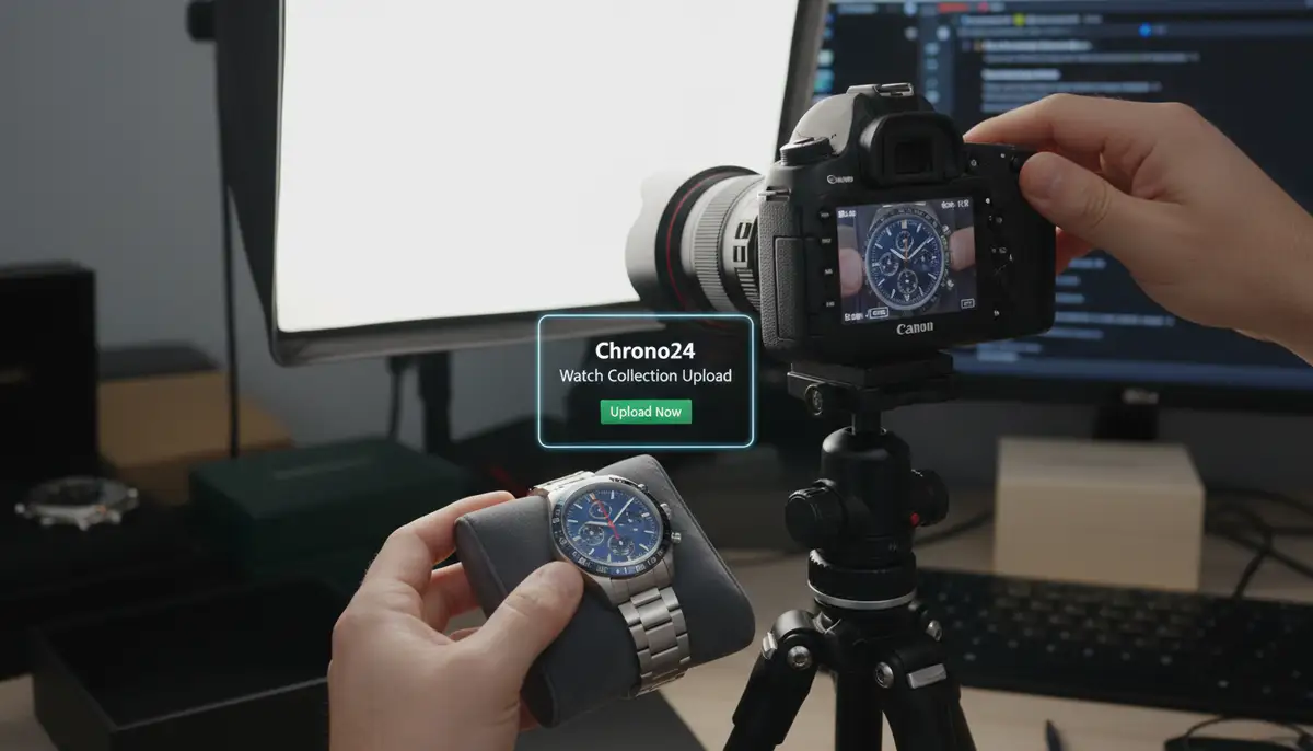 A person meticulously photographing their watch for upload to their Chrono24 Watch Collection, with a softbox and macro lens., high-quality photography, professional lighting, sharp focus, realistic, detailed