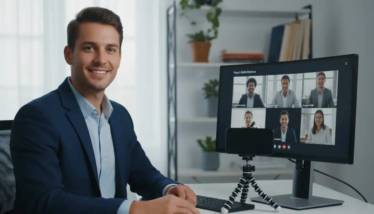 A person on a video call, smiling and looking professional, with their Android phone mounted on a small tripod next to their computer monitor, clearly acting as the webcam. The screen shows a high-quality video feed., high-quality photography, professional lighting, sharp focus, realistic, detailed