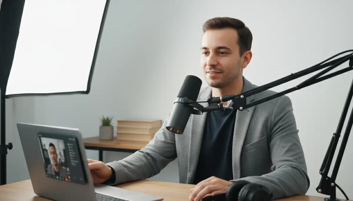 A person optimizing their video call setup with good lighting, a clean background, and a quality microphone, preparing for a professional 1v1 video call., high-quality photography, professional lighting, sharp focus, realistic, detailed