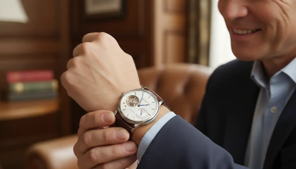 A person proudly wearing a beautifully regulated mechanical watch, checking the time with a satisfied expression., high-quality photography, professional lighting, sharp focus, realistic, detailed