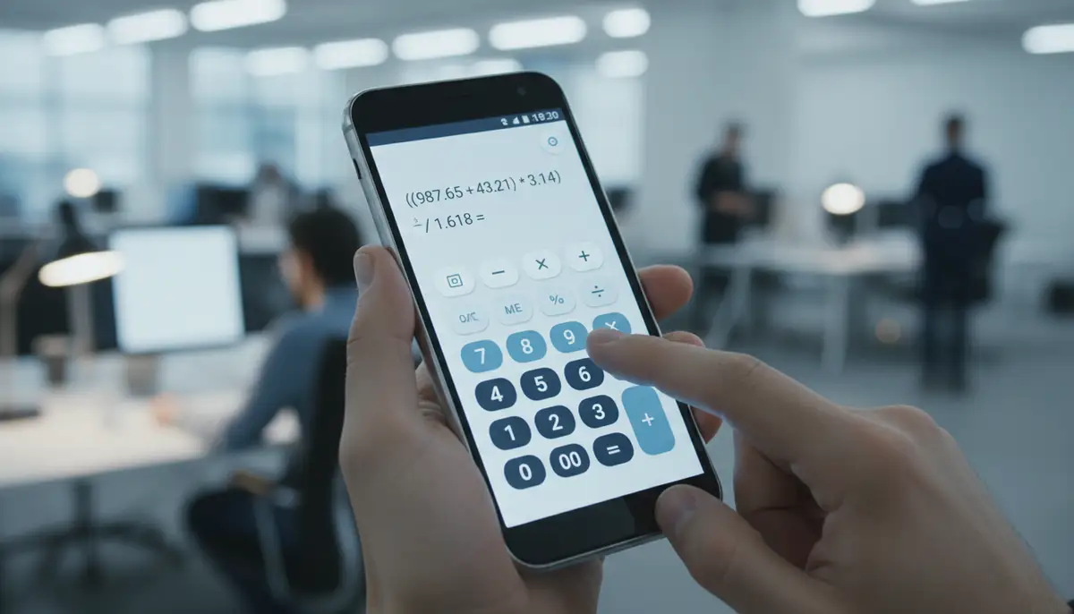 A person quickly performing a calculation on their Android home screen using a sleek calculator widget, with a blurred background showing a busy office setting, modern aesthetic., high-quality photography, professional lighting, sharp focus, realistic, detailed
