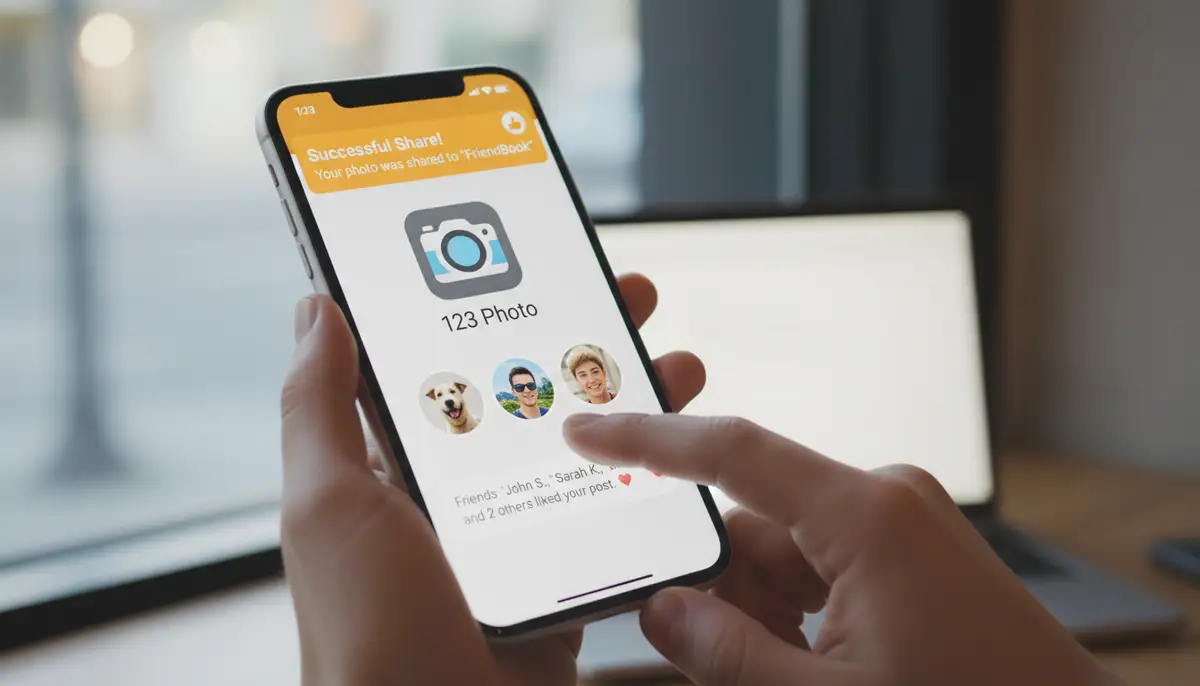 A person receiving a notification on their phone, showing a successful photo share from the 123 photo app to a social media platform, with friends liking the post., high-quality photography, professional lighting, sharp focus, realistic, detailed