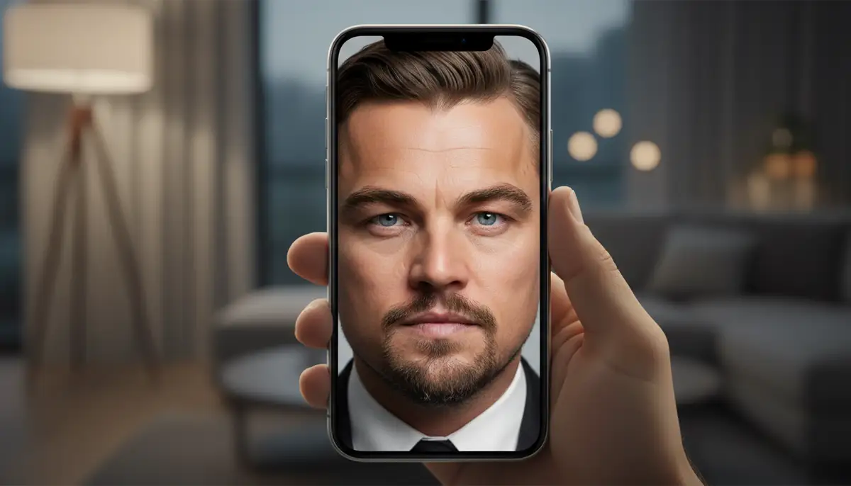 A person seamlessly swapping faces with a celebrity on a smartphone screen, showing a clear, high-quality result., high-quality photography, professional lighting, sharp focus, realistic, detailed