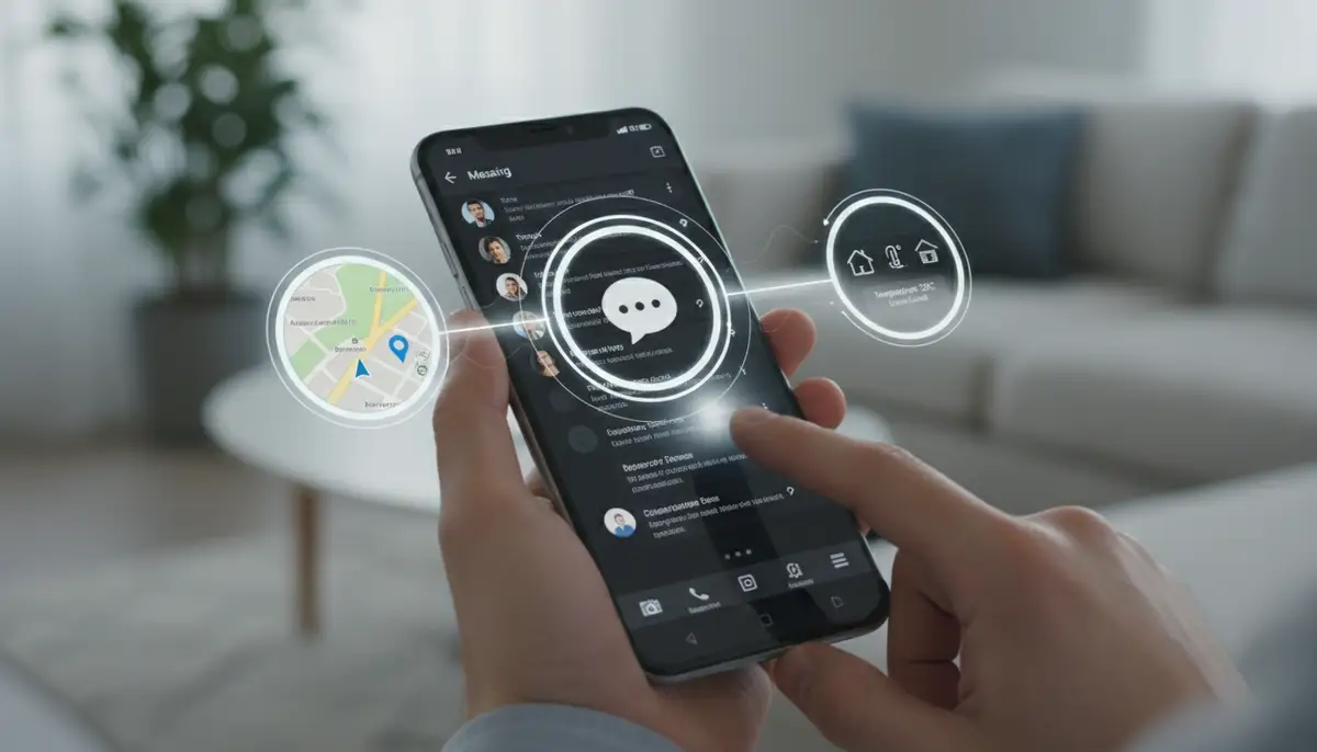 A person seamlessly transitioning between different functions within a single 360 app, like messaging, navigation, and smart home control, on a modern smartphone., high-quality photography, professional lighting, sharp focus, realistic, detailed
