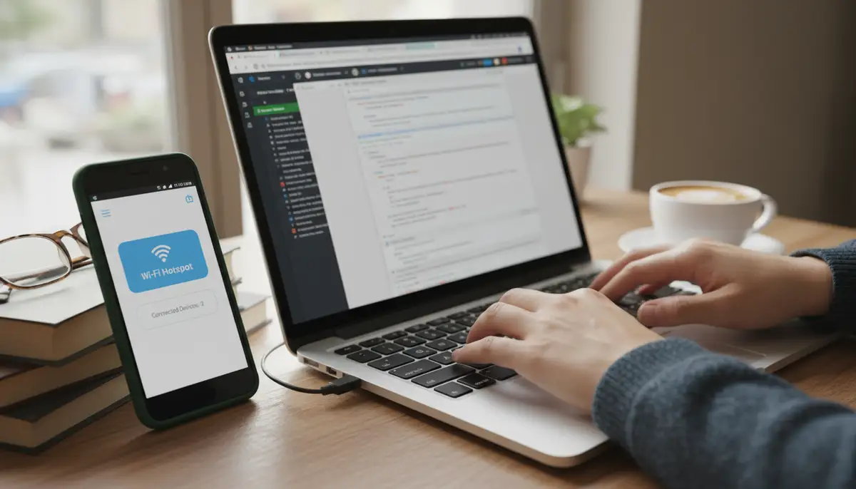 A person seamlessly working on a laptop connected to an Android phone acting as a hotspot, with the phone displaying an active hotspot widget., high-quality photography, professional lighting, sharp focus, realistic, detailed