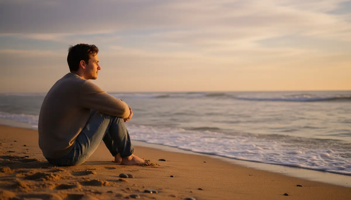 A person sitting on the sand, knees pulled up, looking out at the ocean, with gentle waves in the background, a serene and contemplative mood., high-quality photography, professional lighting, sharp focus, realistic, detailed