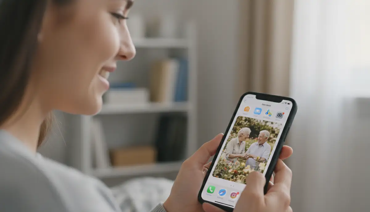 A person smiling as they look at their phone, which displays a cherished photo on their home screen via a photo widget, evoking warmth and personal connection., high-quality photography, professional lighting, sharp focus, realistic, detailed