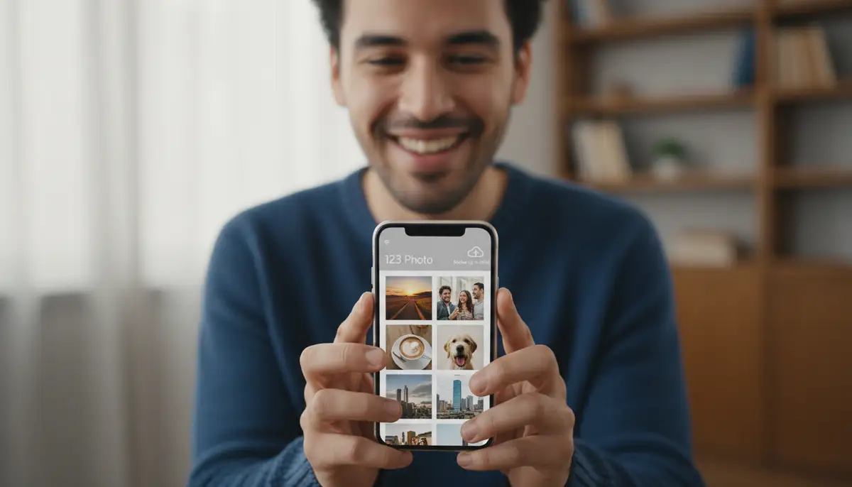 A person smiling at their smartphone, which displays a beautifully organized photo gallery within the 123 photo app, backed up to a cloud icon., high-quality photography, professional lighting, sharp focus, realistic, detailed