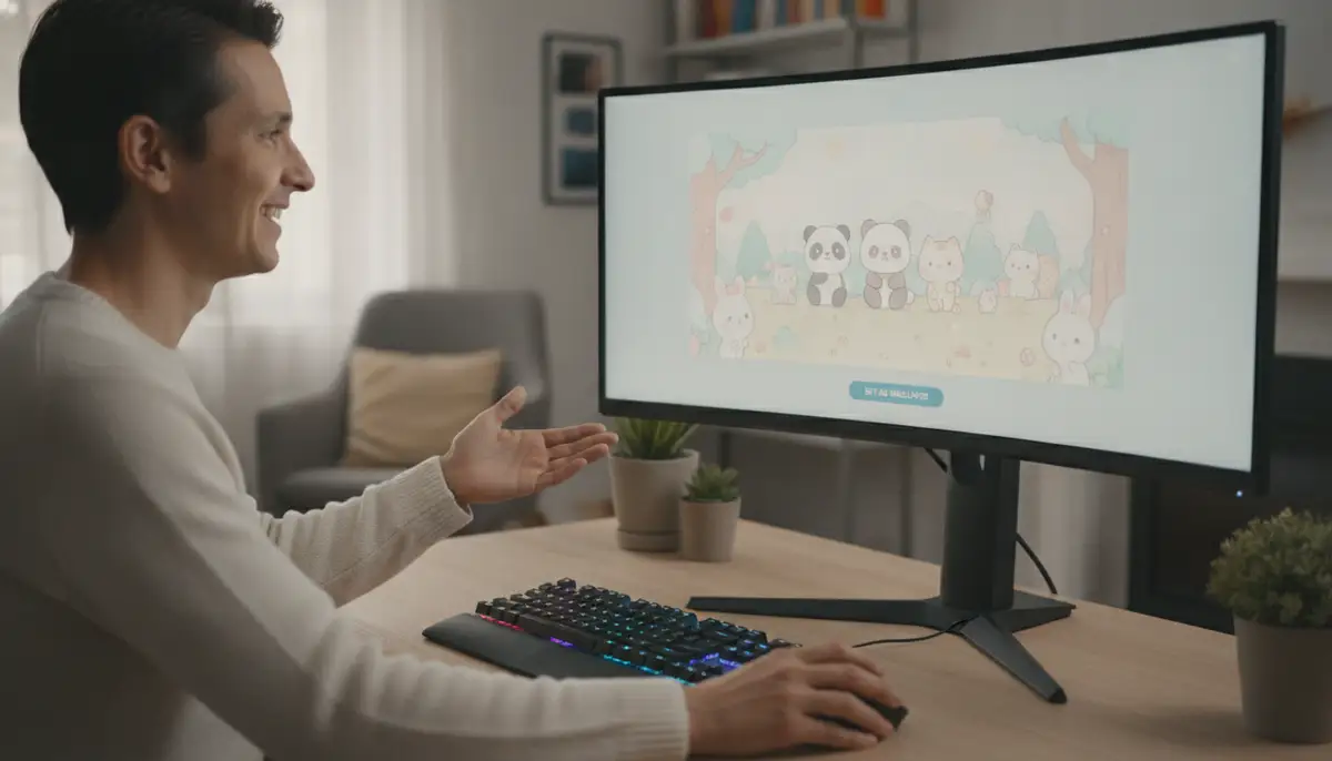 A person smiling while customizing their desktop with a new cute wallpaper, showing the ease of the process on a modern monitor., high-quality photography, professional lighting, sharp focus, realistic, detailed