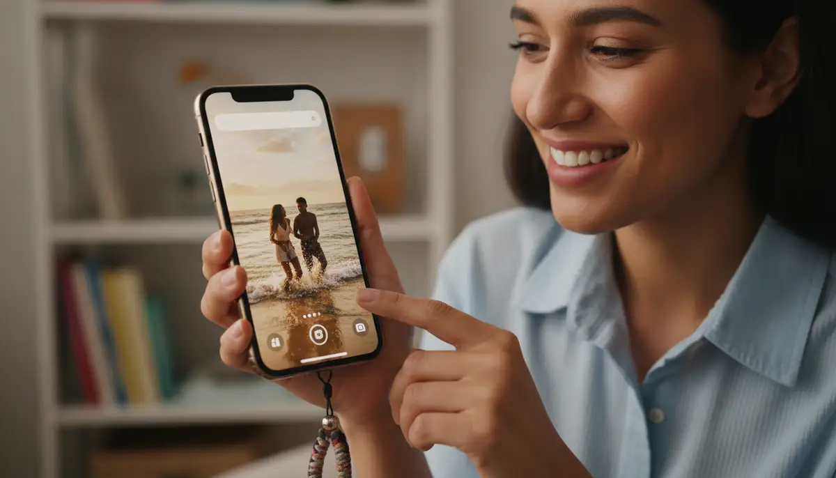 A person smiling while looking at their iPhone, which displays a photo widget showcasing a cherished memory, implying joy and personalization., high-quality photography, professional lighting, sharp focus, realistic, detailed