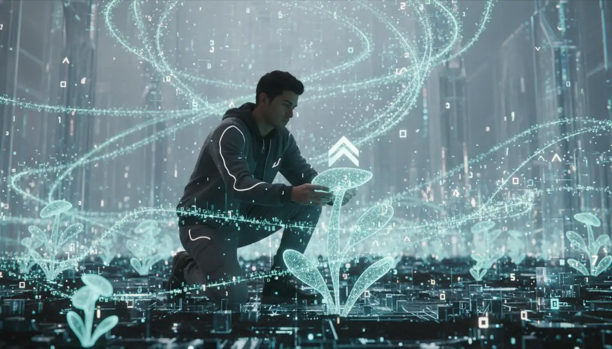 A person tending to digital plants, symbolizing organic growth of a digital brand, with data streams flowing around them., high-quality photography, professional lighting, sharp focus, realistic, detailed
