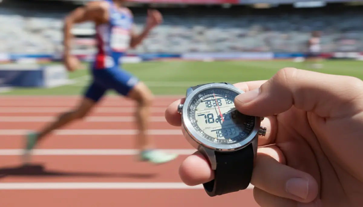 A person timing a sprint with a chronograph watch, showing the watch in action, with blurred motion in the background., high-quality photography, professional lighting, sharp focus, realistic, detailed