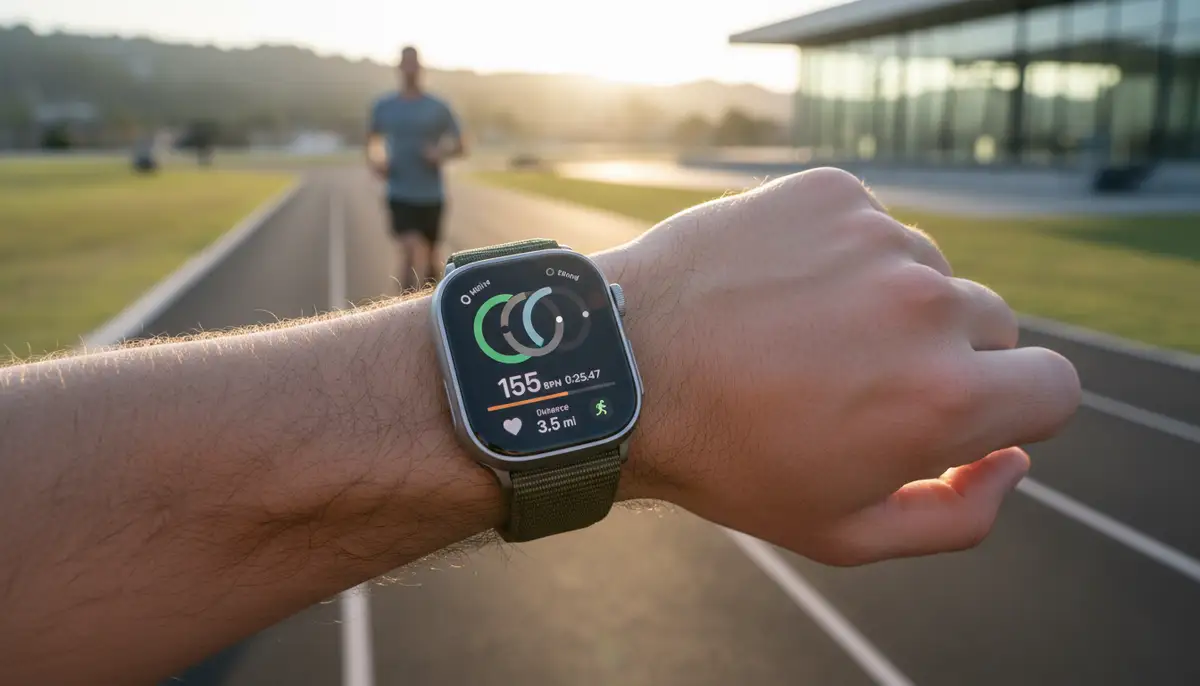 A person tracking a workout with an Apple Watch, displaying health features and modern technology., high-quality photography, professional lighting, sharp focus, realistic, detailed