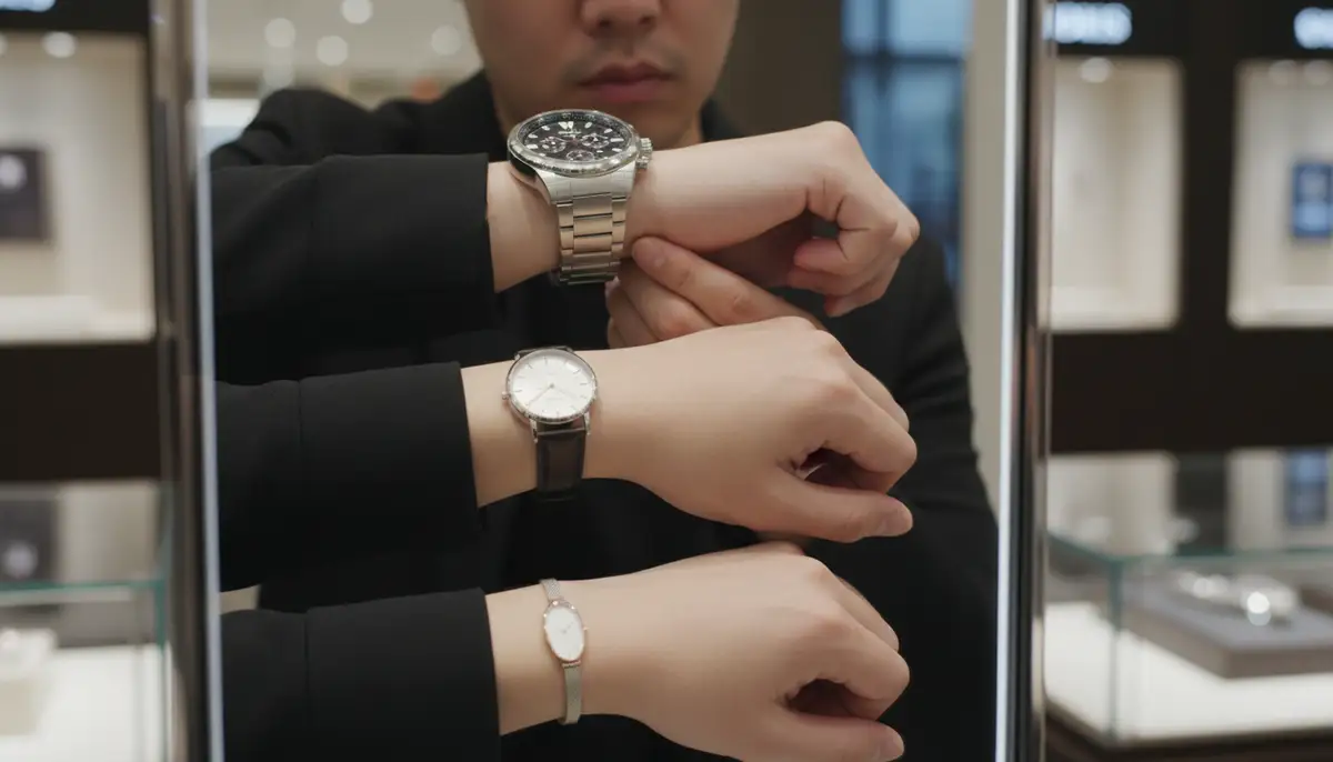 A person trying on different sized watches on their wrist, looking into a mirror, to illustrate the visual impact of fit., high-quality photography, professional lighting, sharp focus, realistic, detailed