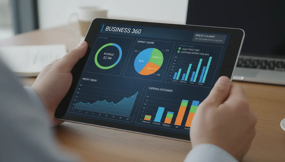 A person using a business dashboard 360 app on a tablet, displaying various metrics and charts in a unified interface., high-quality photography, professional lighting, sharp focus, realistic, detailed