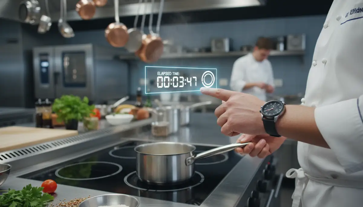 A person using a chronograph to time a culinary process in a modern kitchen, with a digital overlay showing elapsed time., high-quality photography, professional lighting, sharp focus, realistic, detailed