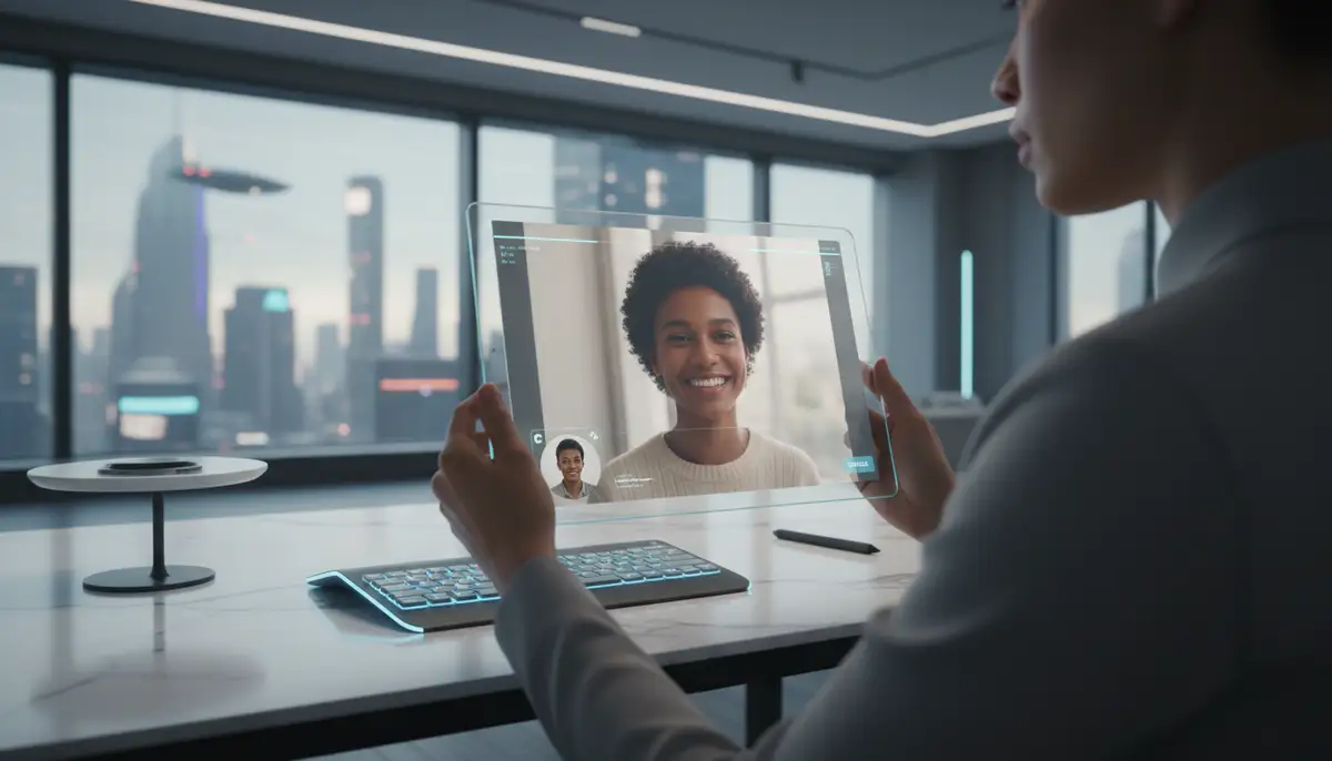 A person using a futuristic 1on1 video call app on a transparent tablet, with a clear, high-quality video feed of another person smiling, surrounded by a clean, modern home office setting., high-quality photography, professional lighting, sharp focus, realistic, detailed