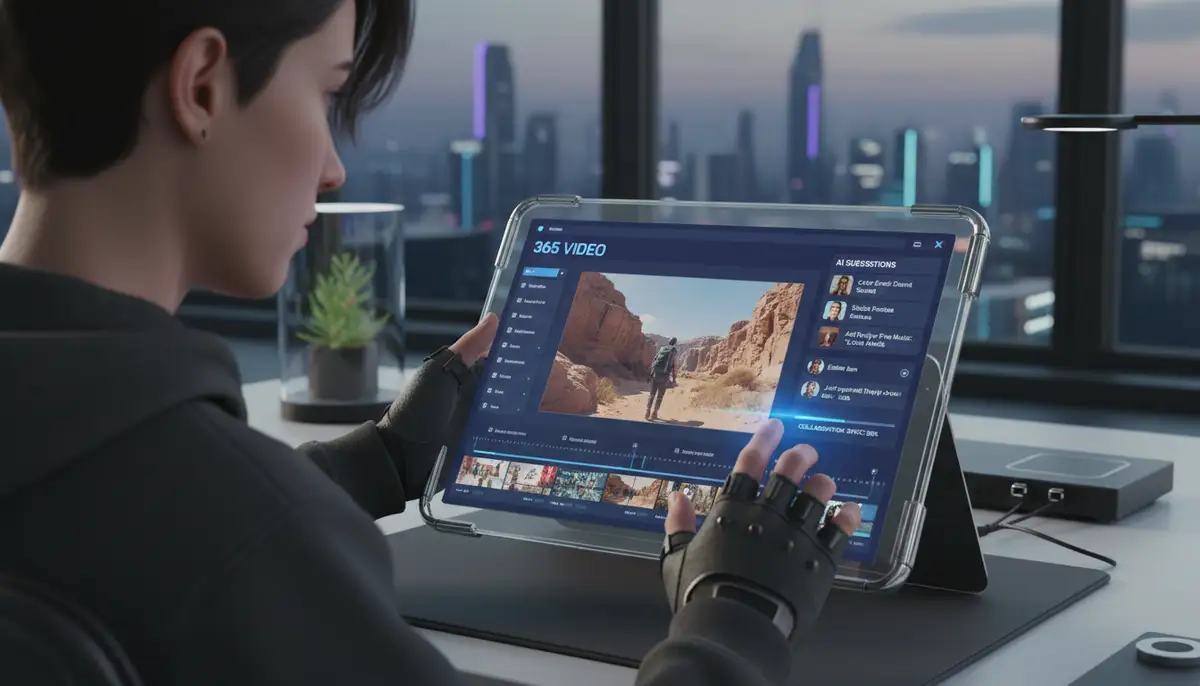 A person using a futuristic tablet to edit a video with the 365 video app interface, showing AI suggestions and collaboration features, set in a modern home office., high-quality photography, professional lighting, sharp focus, realistic, detailed