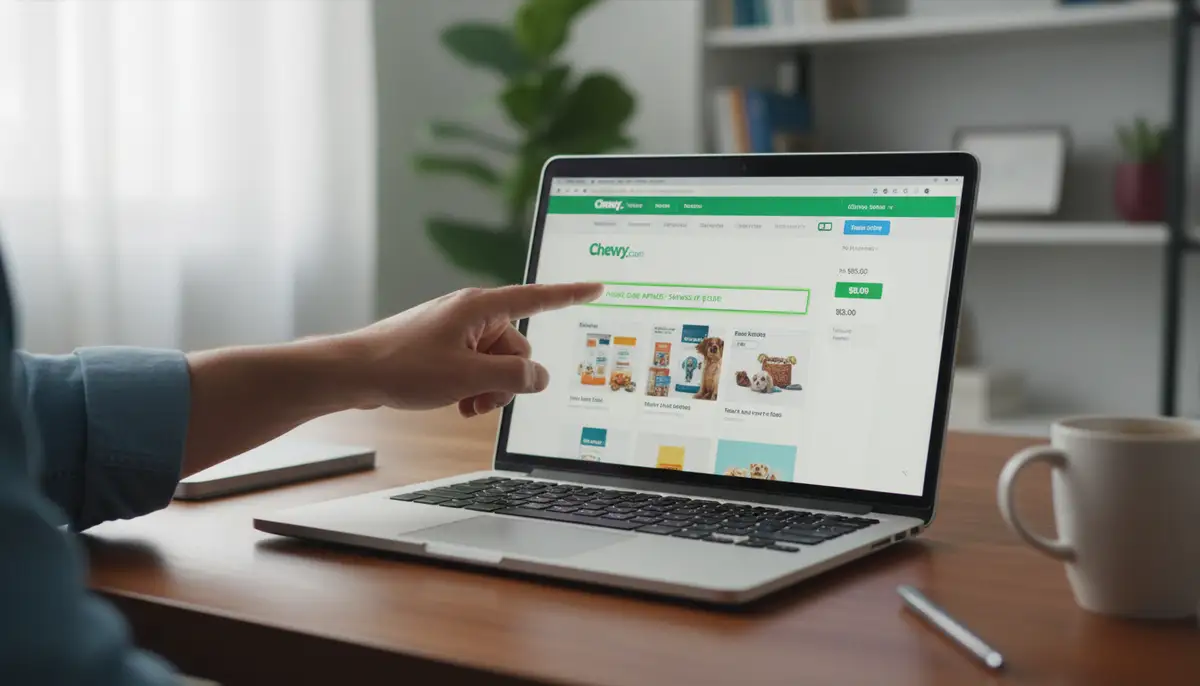 A person using a laptop, pointing at a Chewy.com checkout page with a promo code field highlighted, showing a successful discount application., high-quality photography, professional lighting, sharp focus, realistic, detailed