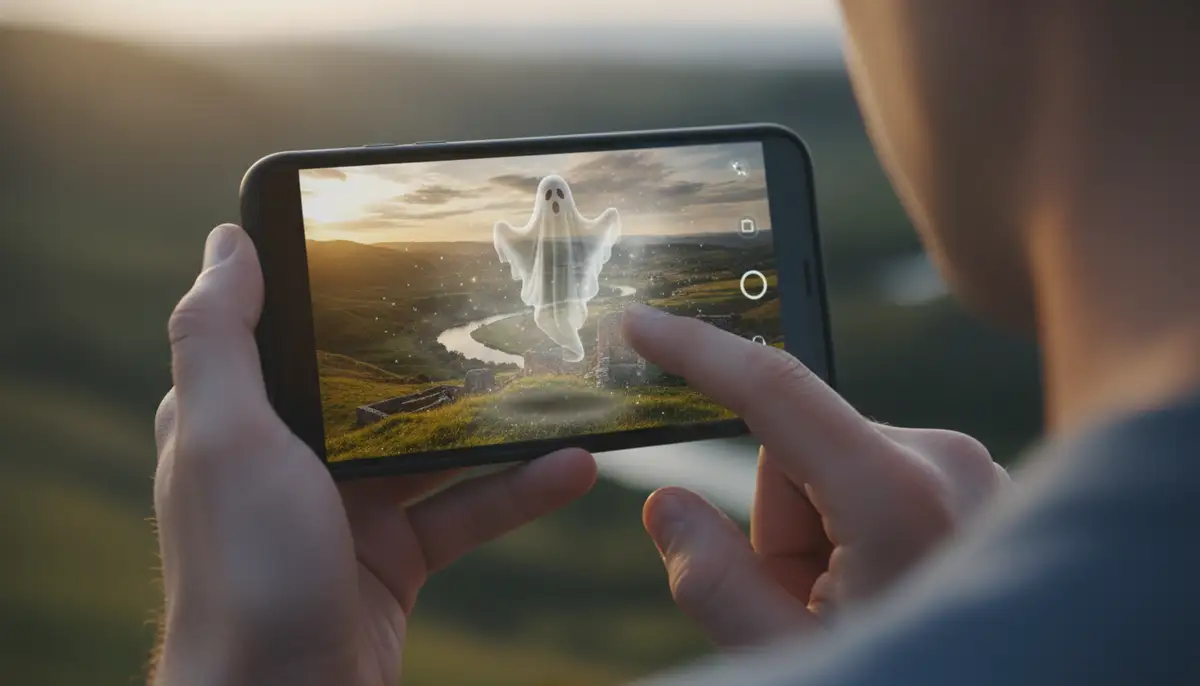 A person using a mobile app to add a transparent ghost figure to a landscape photo, with subtle shadows and atmospheric effects., high-quality photography, professional lighting, sharp focus, realistic, detailed