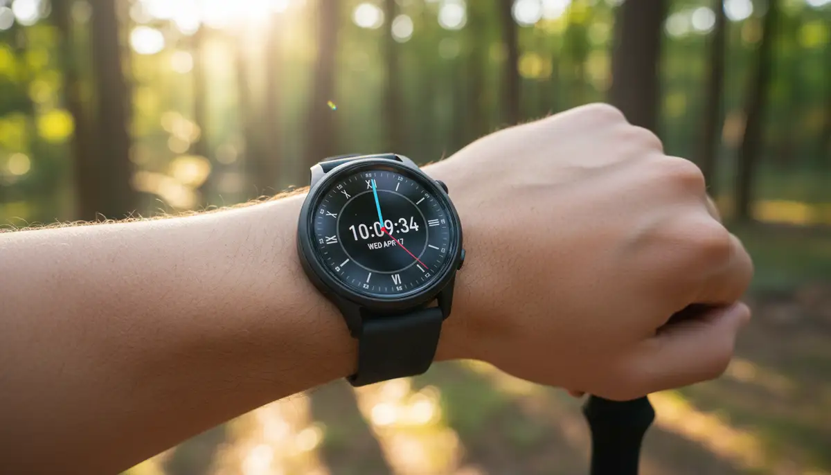 A person using a modern smartwatch to display a custom watch face, showing both digital and analog time elements, in a natural outdoor setting., high-quality photography, professional lighting, sharp focus, realistic, detailed