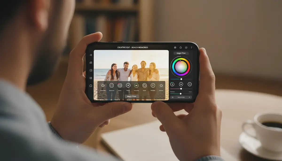 A person using a photo editing app on a smartphone, enhancing a group photo with filters and adjustments, illustrating creative control over shared memories., high-quality photography, professional lighting, sharp focus, realistic, detailed