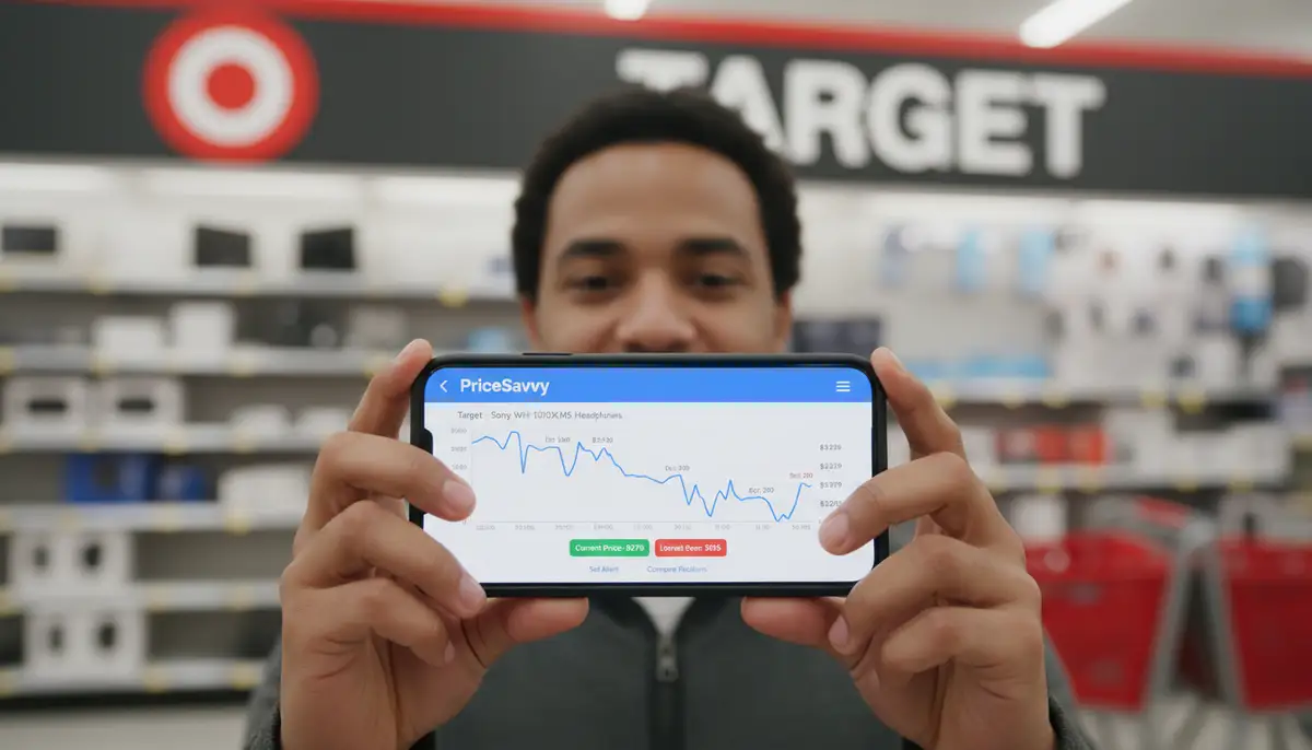 A person using a price tracking app on their phone, comparing historical price data for a product they want to buy from Target. The app interface is clean and shows a graph of price fluctuations., high-quality photography, professional lighting, sharp focus, realistic, detailed