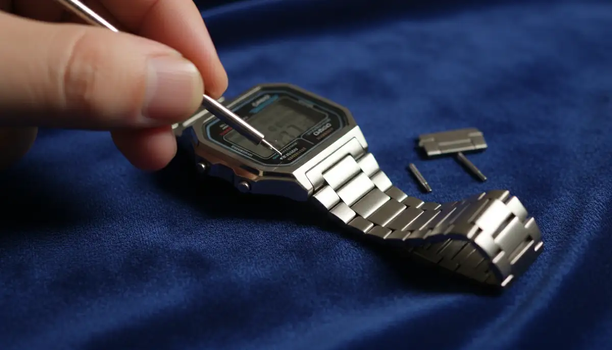 A person using a small spring bar tool to adjust the links on a metal Casio watch band, with the watch resting on a soft cloth., high-quality photography, professional lighting, sharp focus, realistic, detailed