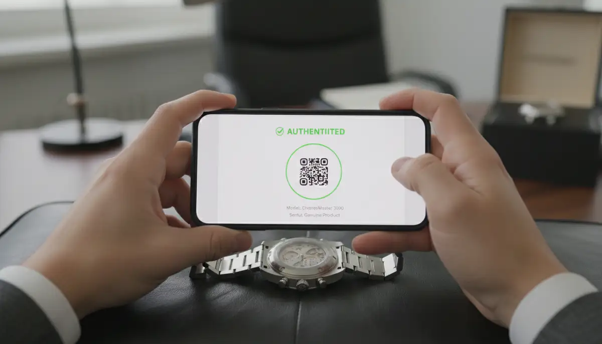 A person using a smartphone app to scan a watch's QR code or NFC tag for digital authentication, with a clear interface showing verification results., high-quality photography, professional lighting, sharp focus, realistic, detailed